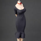 ICE TOYS IC1026 dark charcoal-gray fishtail miniature dress with red long neck ribbon on display figure; dress and ribbon only