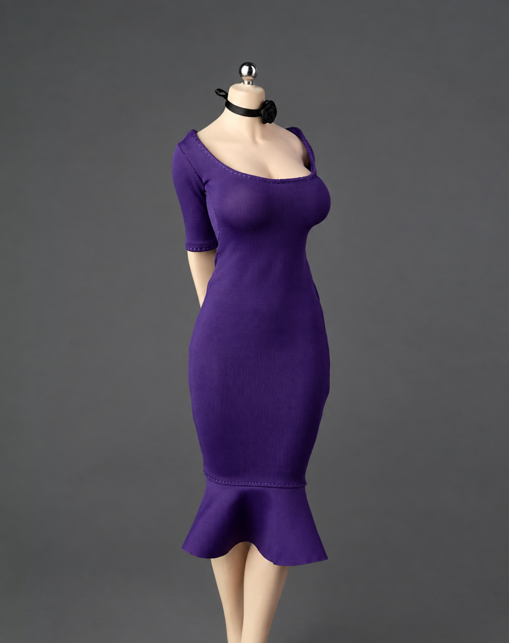 ICE TOYS IC1026 deep purple fishtail miniature dress with black long neck ribbon on display figure; dress and ribbon only