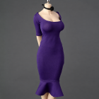 ICE TOYS IC1026 deep purple fishtail miniature dress with black long neck ribbon on display figure; dress and ribbon only