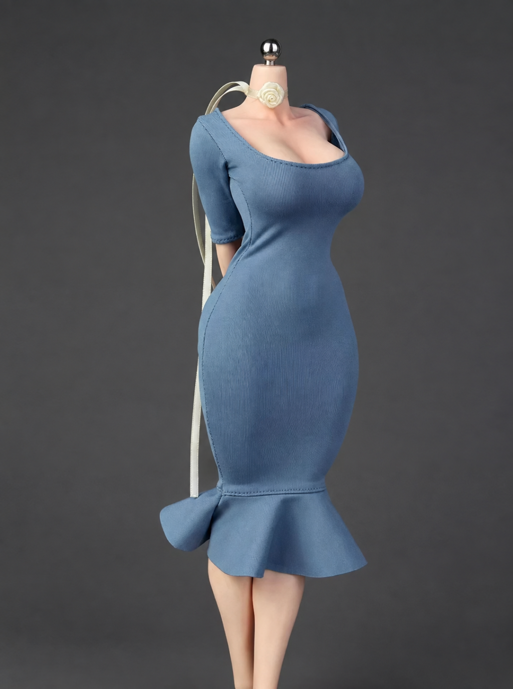 ICE TOYS IC1026 gray-blue fishtail miniature dress with ivory long neck ribbon on display figure; dress and ribbon only