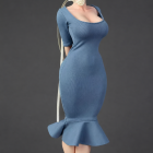 ICE TOYS IC1026 gray-blue fishtail miniature dress with ivory long neck ribbon on display figure; dress and ribbon only