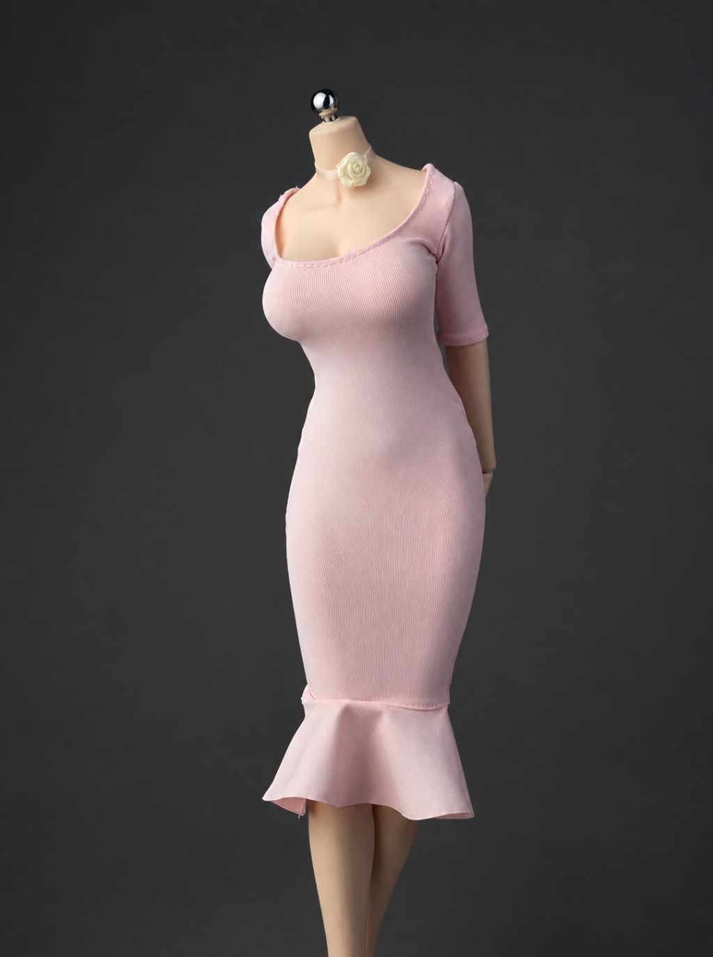 ICE TOYS IC1026 pink fishtail miniature dress with ivory long neck ribbon on display figure; dress and ribbon only