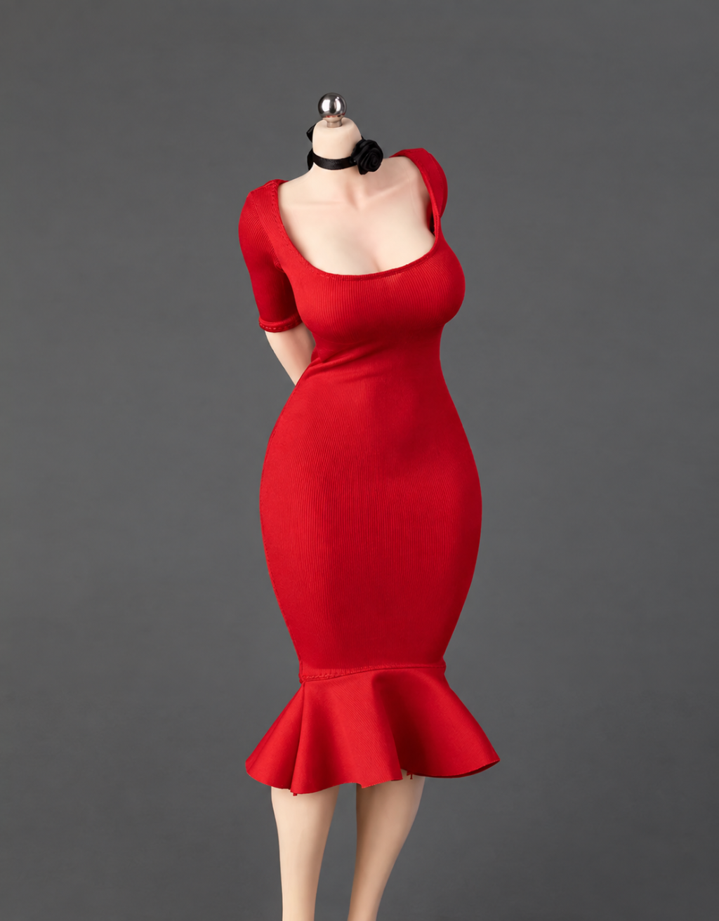 ICE TOYS IC1026 bright red fishtail miniature dress with black long neck ribbon on display figure; dress and ribbon only