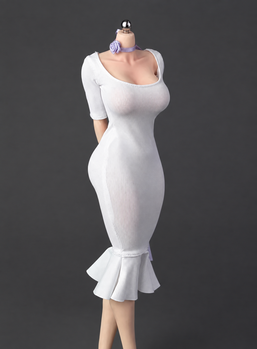 ICE TOYS IC1026 white fishtail miniature dress with lilac long neck ribbon on display figure; dress and ribbon only