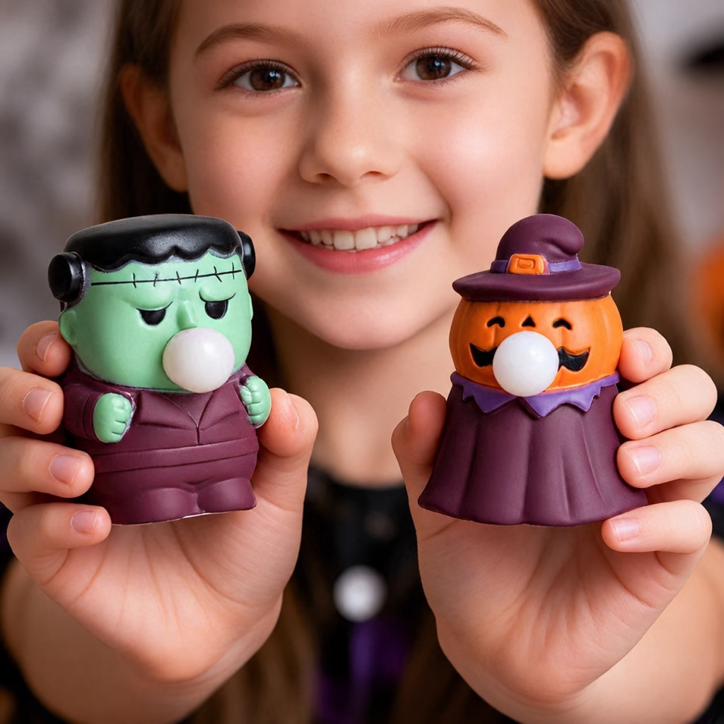 Pumpkin witch and green monster squeeze figures held in hands for scale