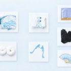 PA-15 costume pieces: blue qipao, white jacket, socks, gloves, two pairs of hair ornaments and fan