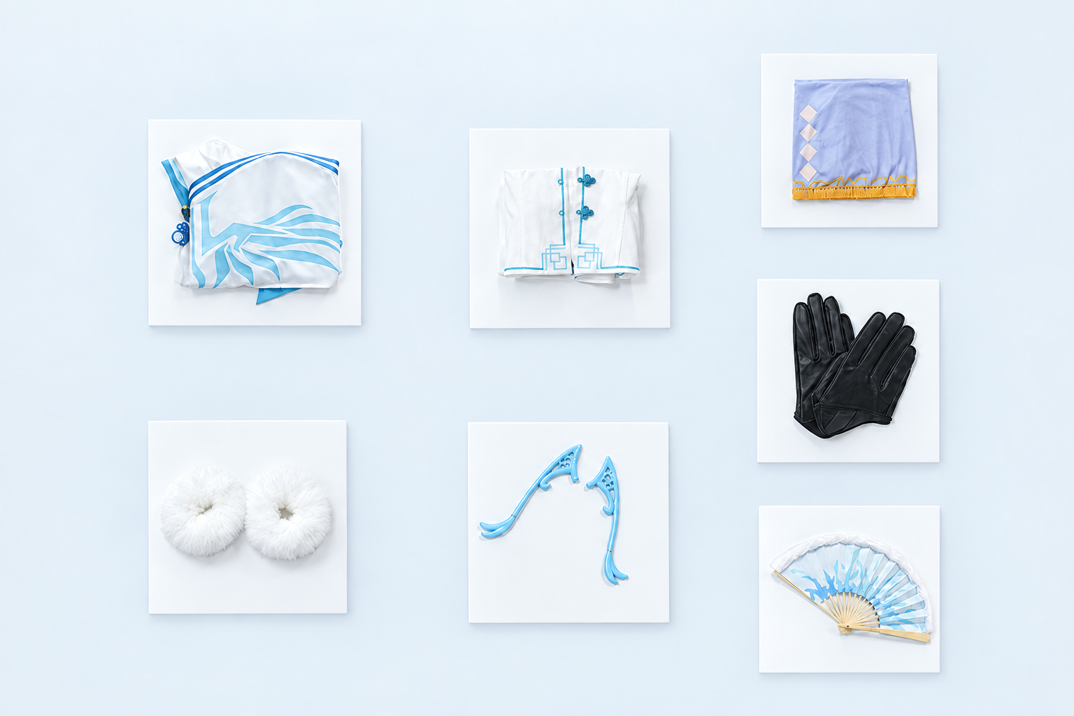 Pa-15 Peacock Charm Blue Qipao Costume Set | Girls' Frontline 14 PA-15 costume pieces laid out: main piece, jacket, socks, gloves, two pairs of hair ornaments and fan