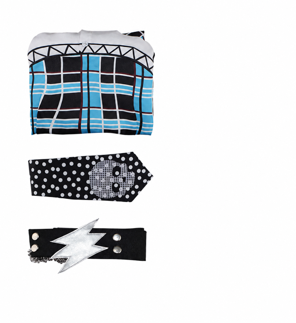 Three included pieces: blue plaid dress, skull-print tie and lightning-bolt belt