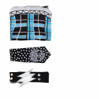 Three included pieces: blue plaid dress, skull-print tie and lightning-bolt belt