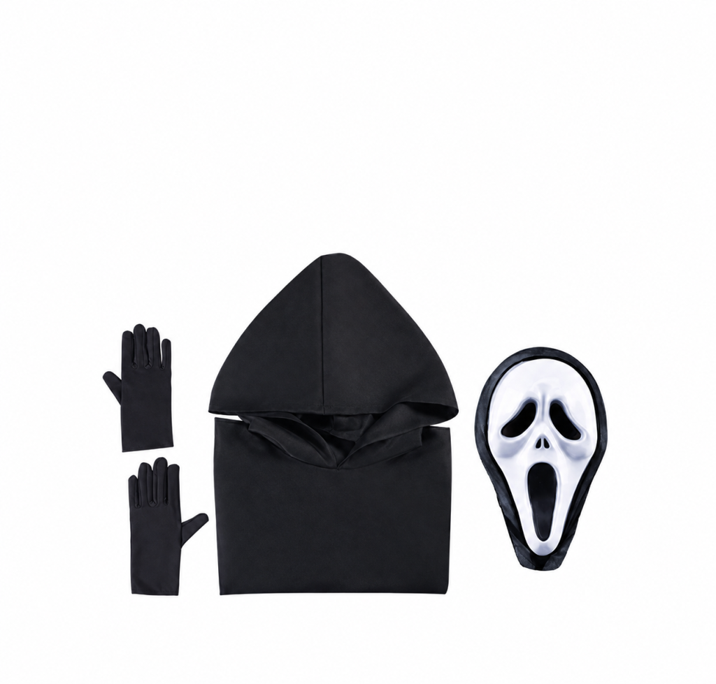 Ghostface robe, black gloves and optional mask laid out