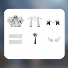 Costume pieces arranged with sleeves, hair ornaments, socks, back tassel and wing accessories