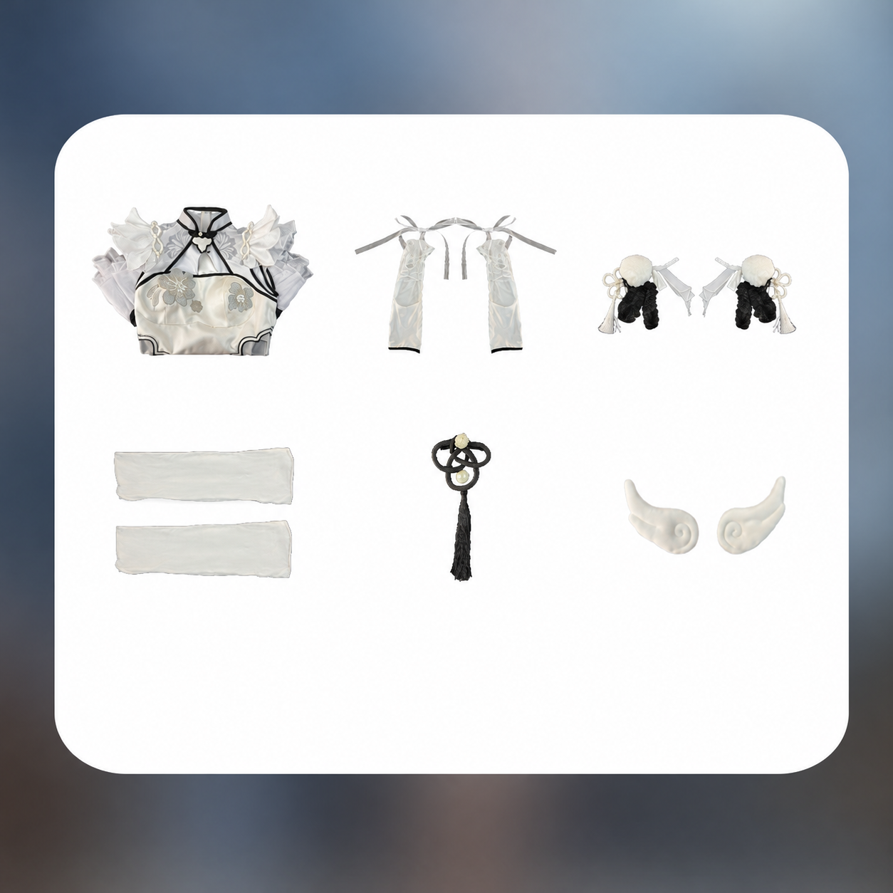 Costume pieces arranged with sleeves, hair ornaments, socks, back tassel and wing accessories