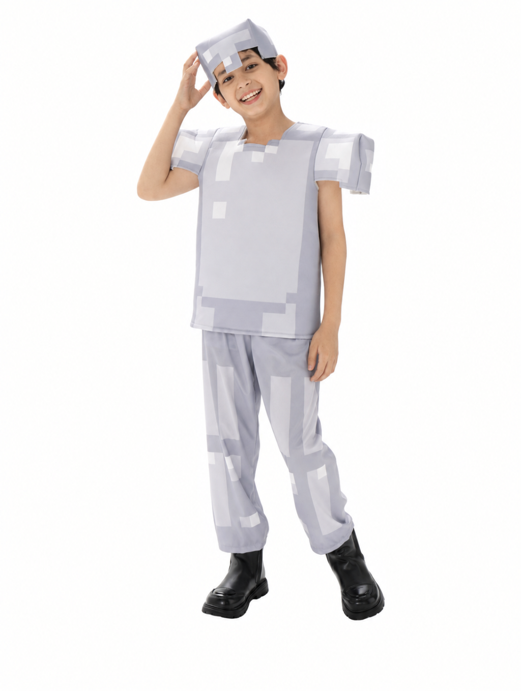 Child wearing silver pixel-style iron armor headpiece, shirt and pants