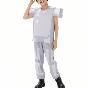 Child wearing silver pixel-style iron armor headpiece, shirt and pants