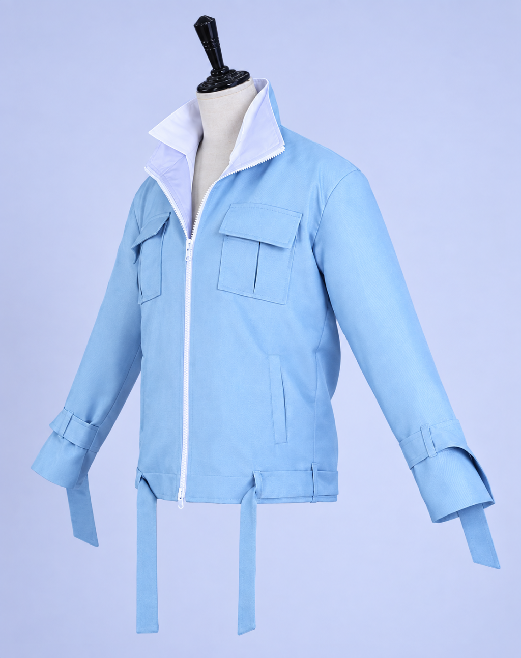 Light blue Eiden cosplay zip-front jacket with tall collar and long hem straps