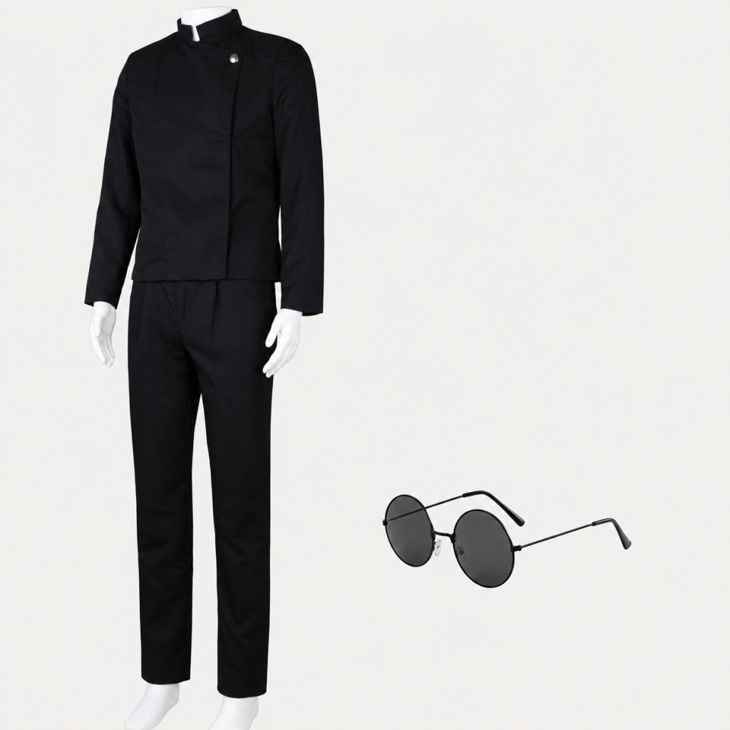 Black high-collar uniform jacket, trousers and round glasses
