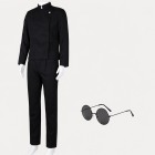 Black high-collar uniform jacket, trousers and round glasses