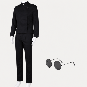 Black high-collar uniform jacket, trousers and round glasses