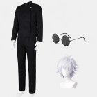 Black high-collar uniform jacket, trousers, round glasses and white wig