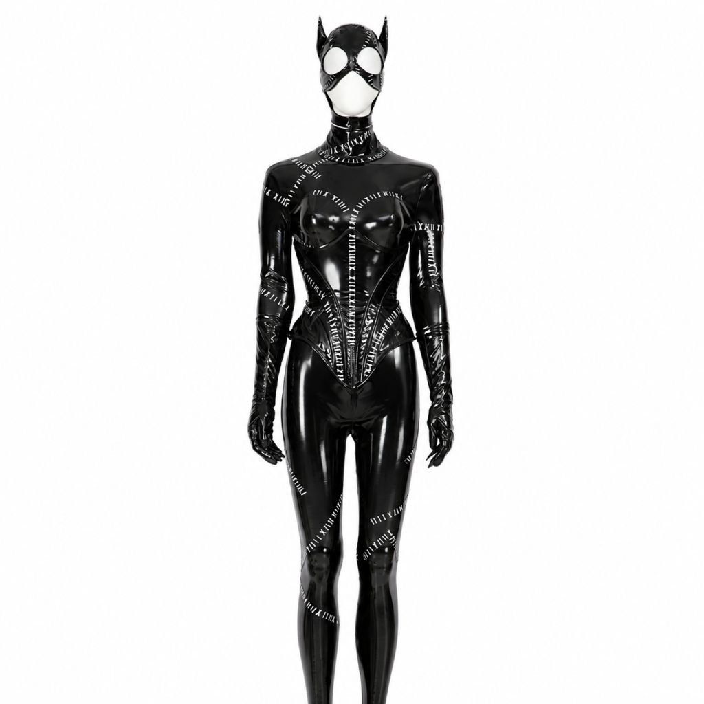 Black Catwoman costume with pointed hood and stitched-effect catsuit