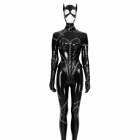 Black Catwoman costume with pointed hood and stitched-effect catsuit