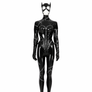 Black Catwoman costume with pointed hood and stitched-effect catsuit