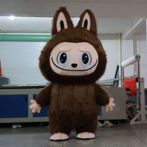 Coffee-brown long-eared Labubu-style mascot costume