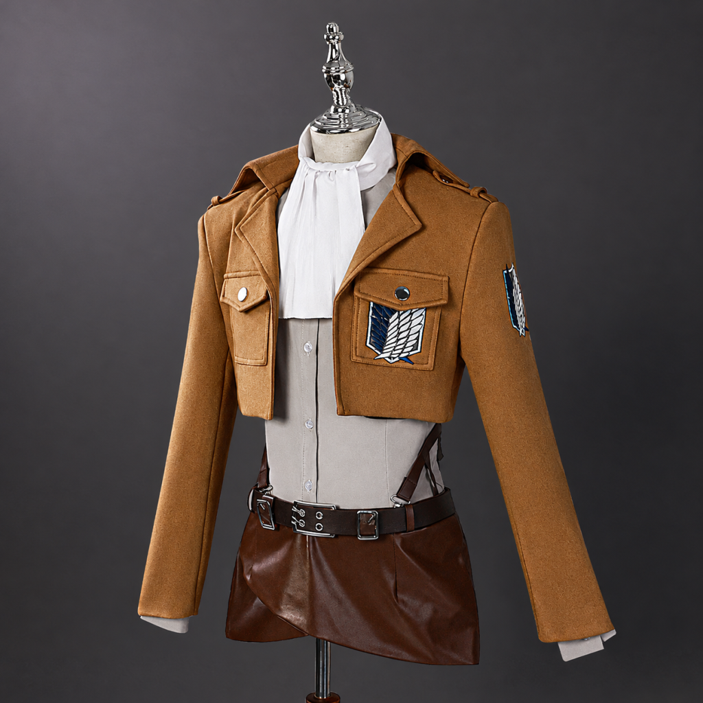 Levi Scout costume with gray collared shirt and brown jacket
