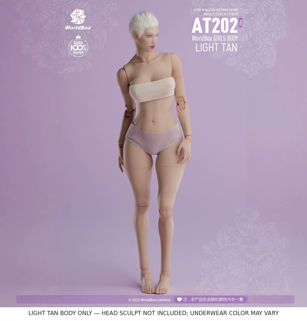 WorldBox AT202pro light tan articulated 1:6 base body; head sculpt shown for styling not included; underwear color varies