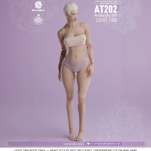 WorldBox AT202pro light tan articulated 1:6 base body; head sculpt shown for styling not included; underwear color varies