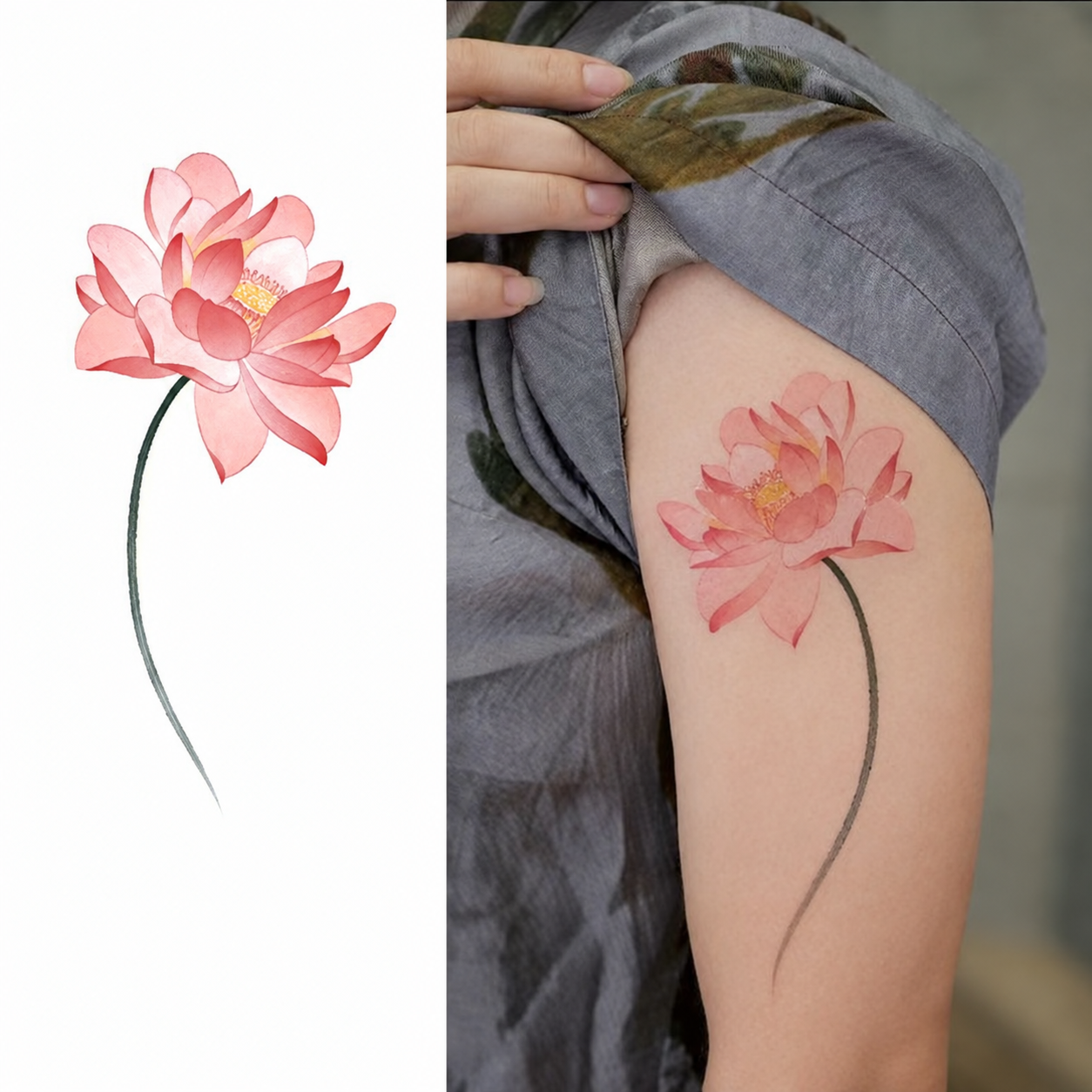 Long-Stem Pink Lotus Blossom Temporary Tattoo — 3 Sheets 1 Single pink lotus bloom and curved stem illustrated beside an arm placement