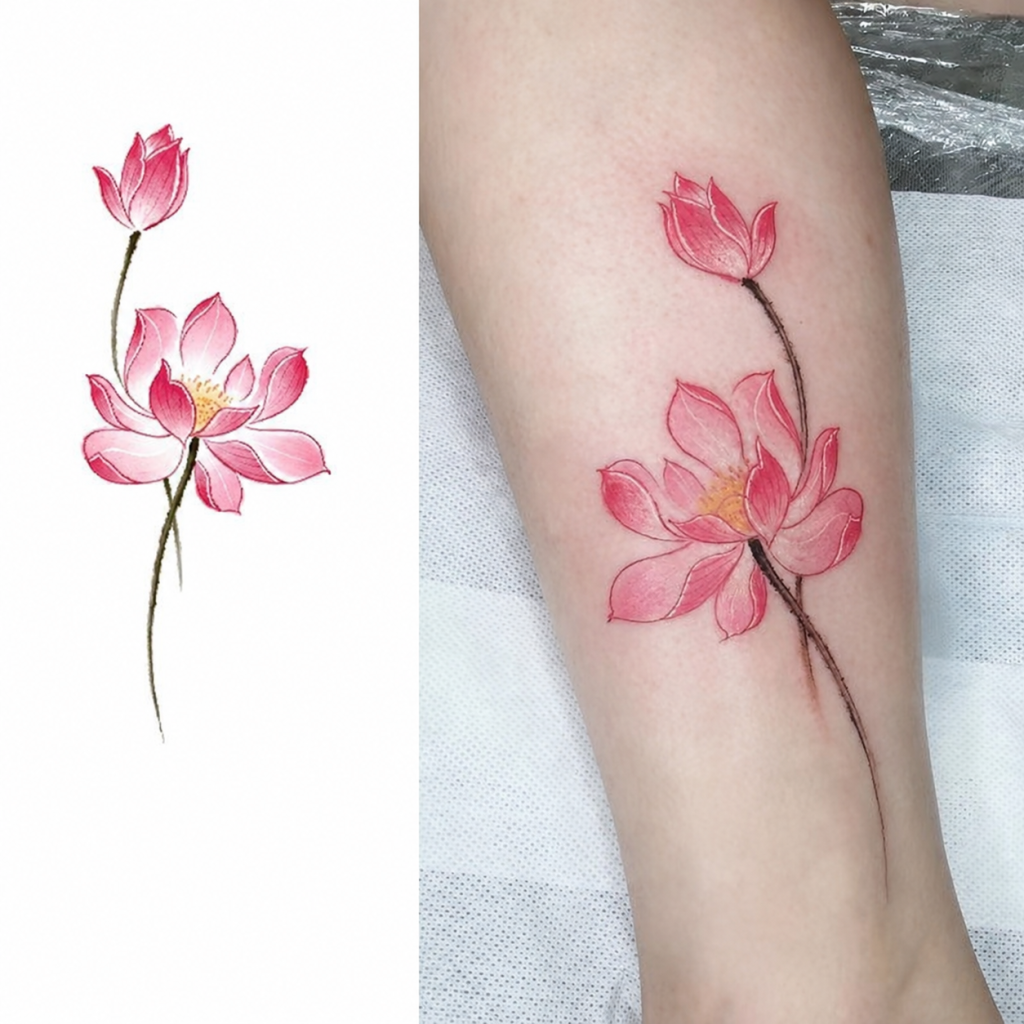 Pink open lotus with high bud on stem, illustrated and worn