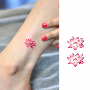Small pink lotus tattoo on wrist beside two matching designs