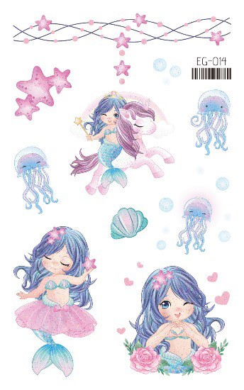 Mermaid And Jellyfish Glitter-Look Temporary Tattoo Sheet — Eg-014 1 EG-014 illustrated mermaid, jellyfish, shells and stars transfer sheet