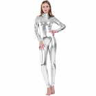 Enhanced silver metallic high-neck footless jumpsuit, front view; compare original product photograph