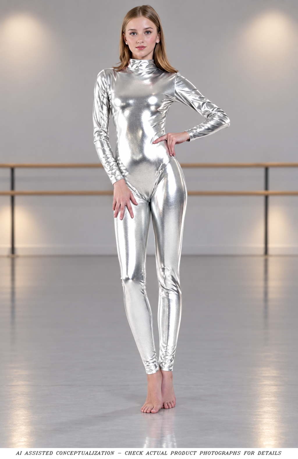 AI conceptual lifestyle scene of silver metallic footless jumpsuit in dance rehearsal; check actual product photographs