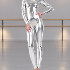 AI conceptual lifestyle scene of silver metallic footless jumpsuit in dance rehearsal; check actual product photographs