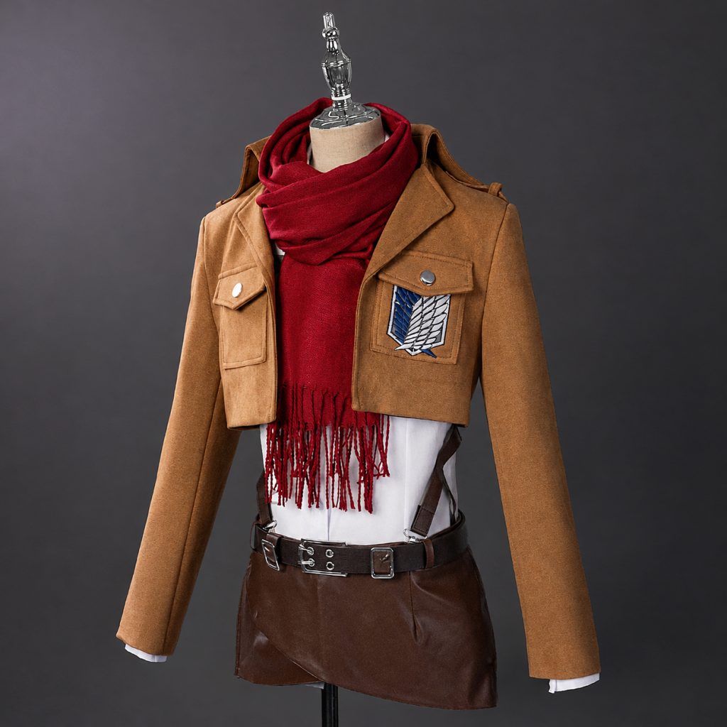 Mikasa Scout costume with red scarf and brown jacket