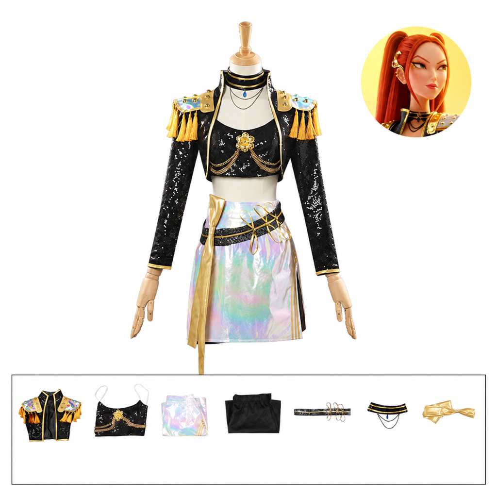 Mira black and gold jacket and iridescent skirt costume with included pieces