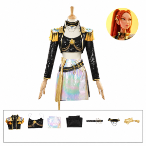 Mira black and gold jacket and iridescent skirt costume with included pieces