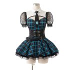 Blue plaid Monster High costume dress with mesh sleeves, front view