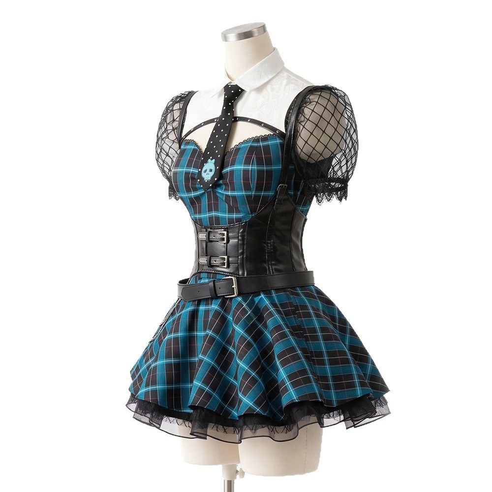 Blue plaid costume dress with contrasting collar and waist detail