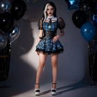 Blue plaid costume dress styled with wig and shoes, not included