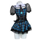 Blue plaid costume dress, collar, tie and waist detail