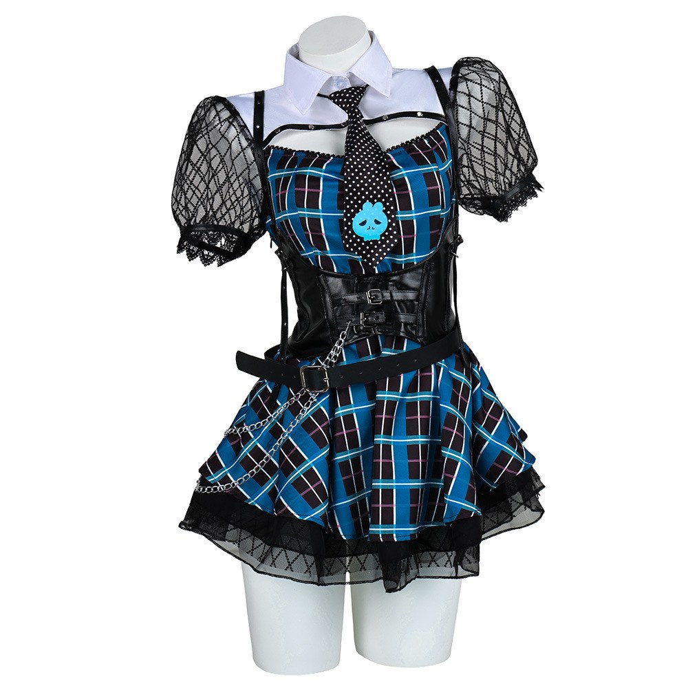 Blue plaid costume dress, collar, tie and waist detail