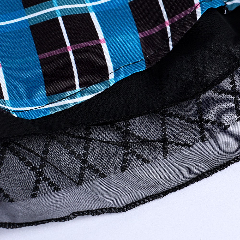Monster High Blue Plaid Costume Dress Set – Mesh Sleeves 12 Close-up of blue plaid skirt and black mesh hem