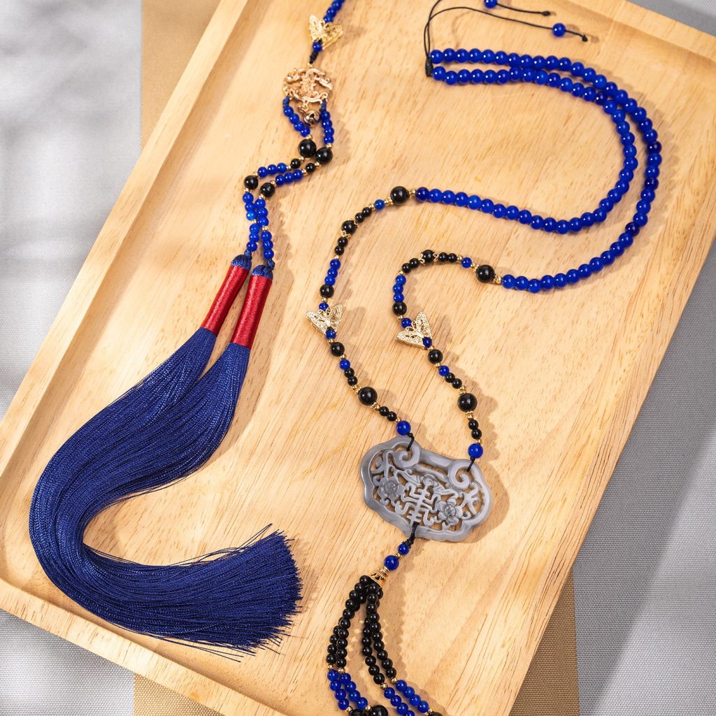 Navy Beaded Hanfu-Style Pendant and Tassel Necklace — Navy long necklace with ornate pendant