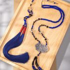 Navy Beaded Hanfu-Style Pendant and Tassel Necklace — Navy long necklace with ornate pendant