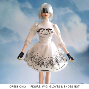 White 1:6 NieR:Automata 2B miniature dress on styled figure, front; only dress included