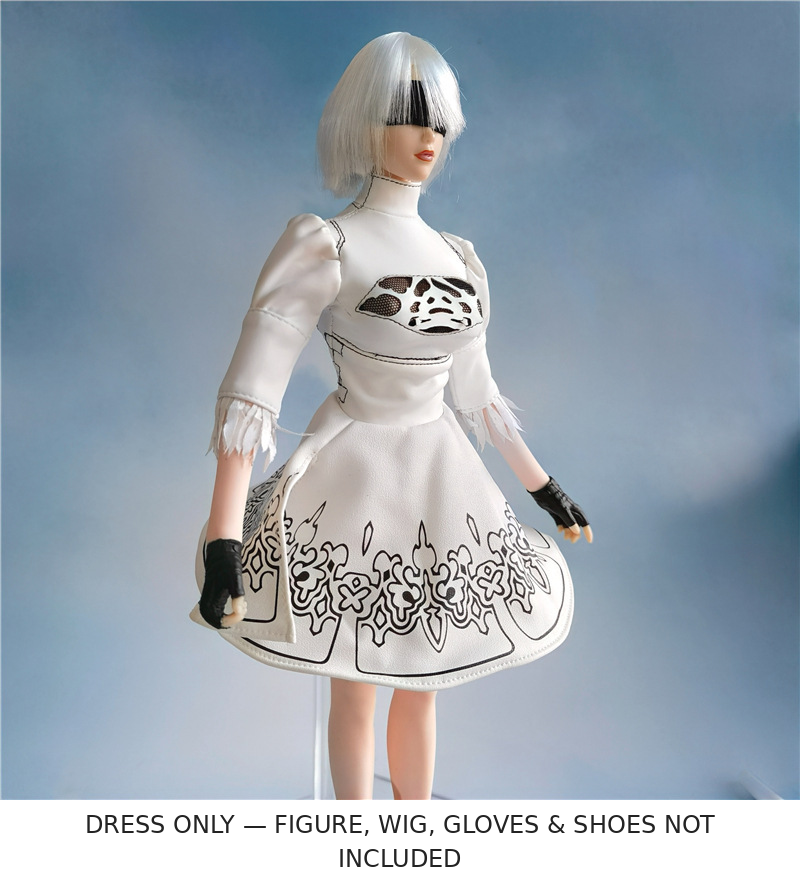 White 1:6 NieR:Automata 2B miniature dress on styled figure, angled view; only dress included